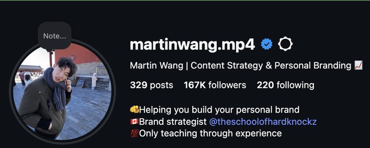 Martin Wang's Instagram profile at 167K followers