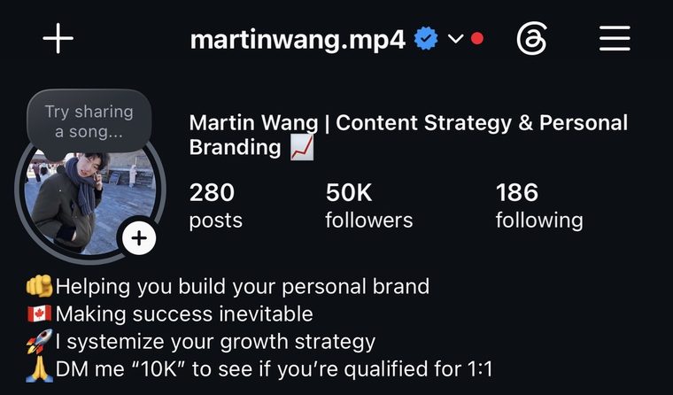 Martin Wang's Instagram profile at 50K followers